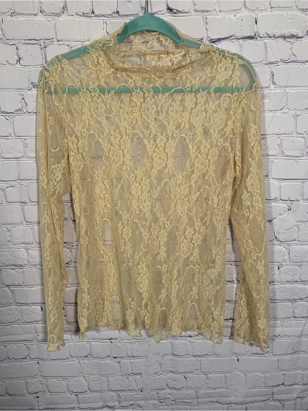 Jade by Jane Womens Sheer Lace High Neck Long Sleeve Cream Sz L Boho Festival